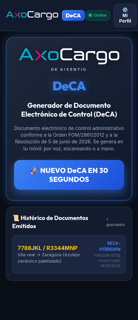 Pantalla de inicio de AxoCargo